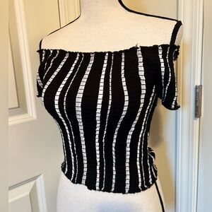 Kendall and Kylie black-and-white striped off the shoulder cropped short sleeve